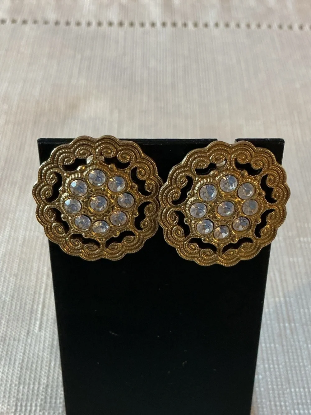 Medallion Shaped Rhinestone Gold Tone Stud Earrings